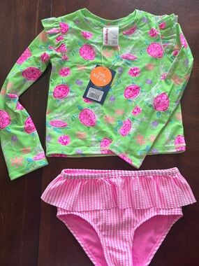 Ruffle Butts Neon Green & Hot Pink Floral Turtle Rashguard Set